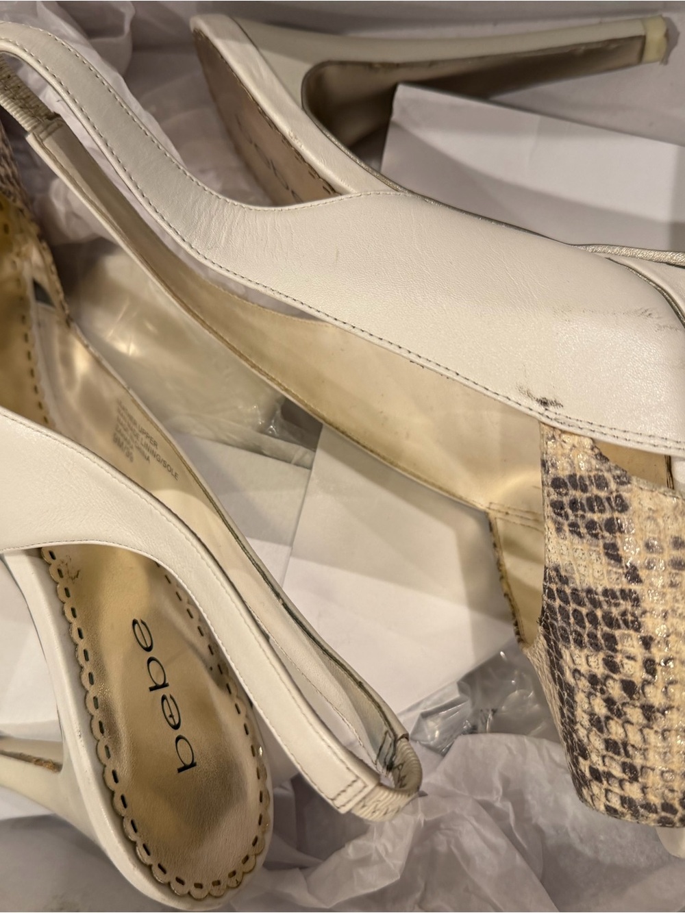 bebe White Slingback Block Heels with Snake-Print Accent